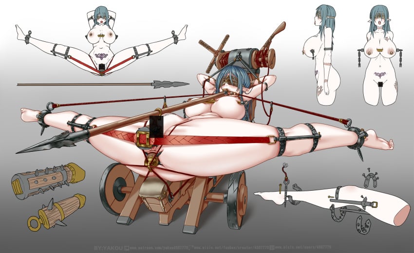 anal anal_sex ballista bangs big_breasts blindfold blue_hair bondage bound breast_piercing breasts censored clipped_ear clitoris clitoris_piercing dildo dildo_in_ass dildo_in_pussy dildo_penetration dubious_consent elf female fixed_dildo fixed_toy forniphilia gag gagged genital_piercing genitals hair hands_behind_head hi_res huge_breasts humanoid humanoid_pointy_ears impalement living_weapon lying multiple_angles nipple_piercing nipples not_furry open_mouth penetration piercing pubes pubic_mound pubic_tattoo pussy_plug questionable_consent red_rope restrained rope sex_toy sex_toy_in_ass sex_toy_in_pussy sex_toy_penetration solo spiked_dildo spikes spikes_in_pussy spread_legs spreading standing tattoo torture vaginal_penetration yakou