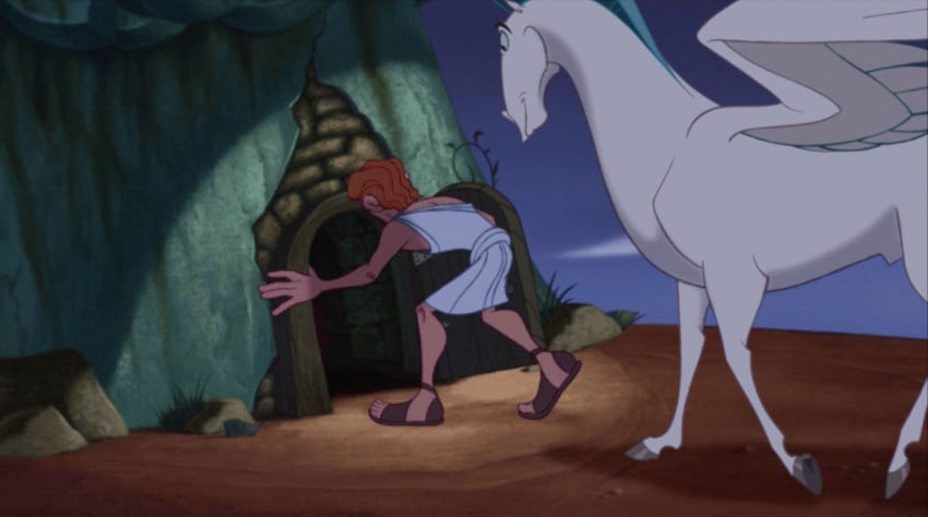 animated anonymous_artist anus blue_hair disney edit equid equine feathered_wings feathers feral group hair hercules_(character) hercules_(disney) hooves horse human male male_only mammal pegasus pegasus_(hercules) stuck through_wall white_body wings