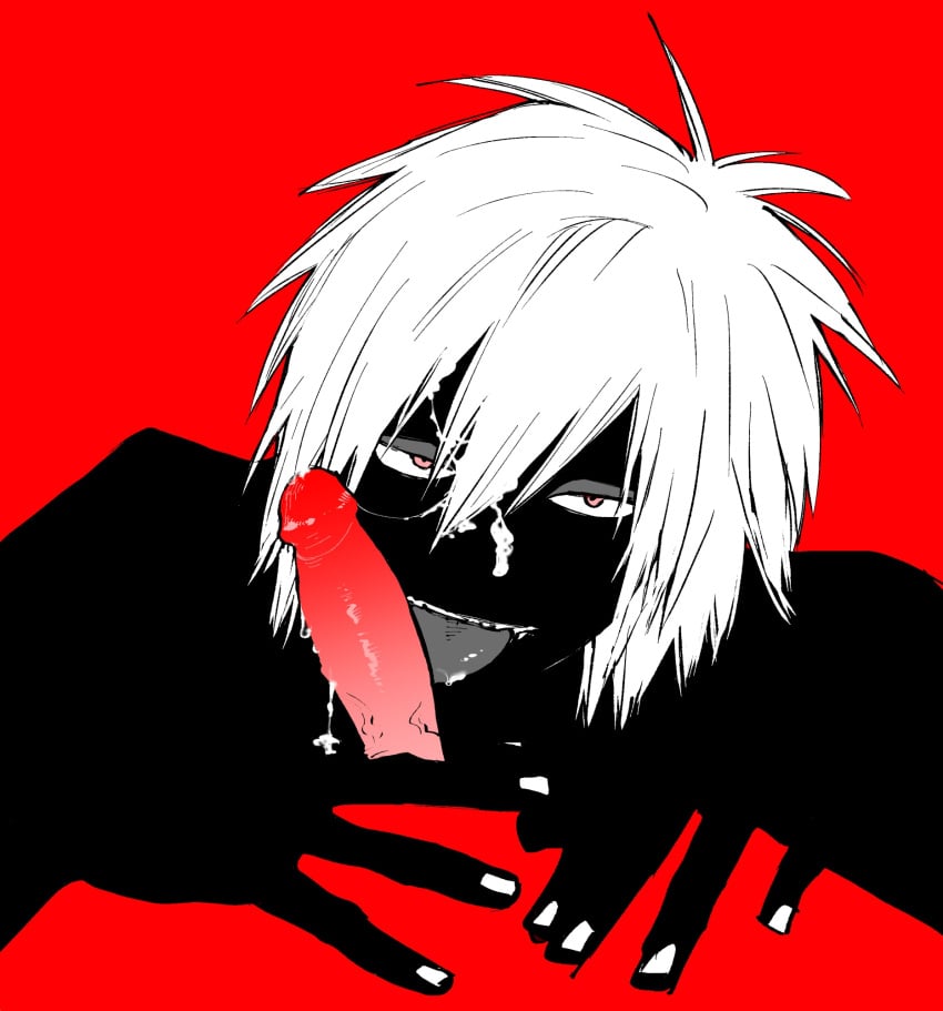 black_skin black_tongue class_1b cum cum_on_face fellatio gay male male/male my_hero_academia nail_polish penis red_background red_eyes shihai_kuroiro tongue_out white_hair white_nails yaoi