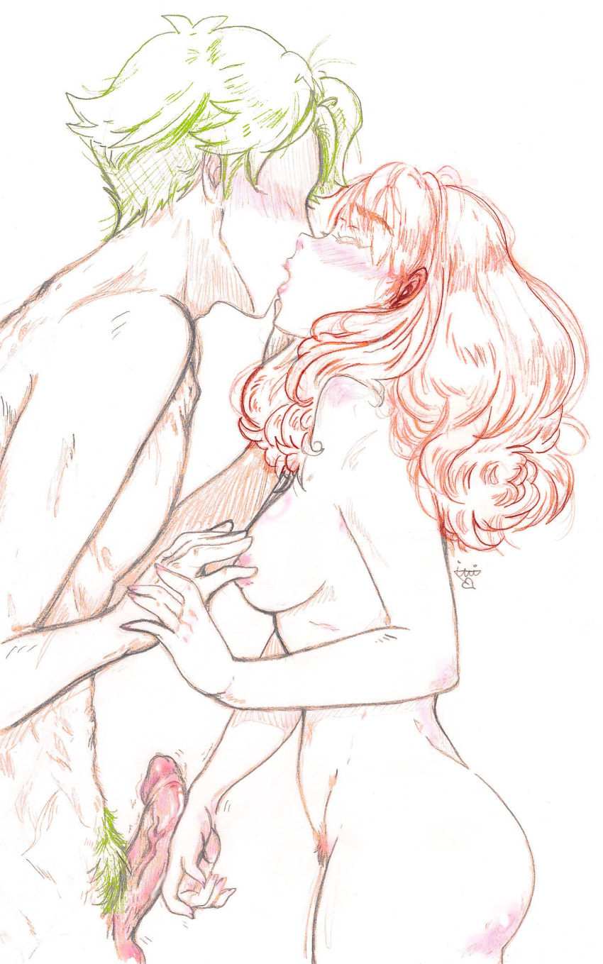 1boy 1girls albein_alm_rudolf_ii alm_(fire_emblem) anthiese_lima ass big_ass blush breasts canon_couple celica_(fire_emblem) closed_eyes completely_nude female fire_emblem fire_emblem_echoes:_shadows_of_valentia fire_emblem_gaiden izzi_(artist) kissing male male_and_female_focus medium_breasts medium_hair nintendo nipples nude nude_female orange_hair penis penis_grab pubic_hair straight touching_penis uncensored white_background wholesome