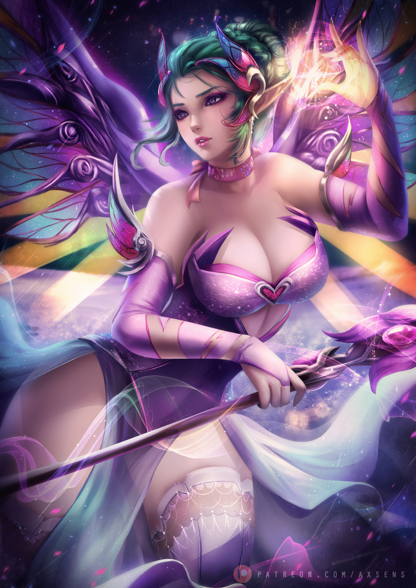 1girls axsens big_breasts blizzard_entertainment breasts christmas cleavage clothed clothing dress elf_ears fairy flying frost green_hair heart holding_staff large_breasts magic magic_user magical_girl mercy overwatch pointy_ears purple_hair staff sugar_plum_fairy_mercy thick_thighs thighhighs thighs thunder_thighs wings