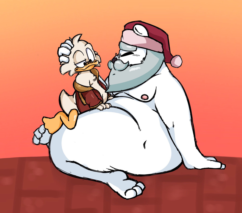 2020 anatid anseriform anthro avian beard belly bird christmas christmas_clothing christmas_headwear closed_eyes clothing disney duck ducktales ducktales_(2017) duo eyewear facial_hair fur gay glasses hat headgear headwear hi_res holidays male male/male male_only mammal moobs nipples overweight overweight_male polar_bear robe salamikii santa_claus santa_hat scrooge_mcduck sitting ursid ursine white_body white_fur yaoi