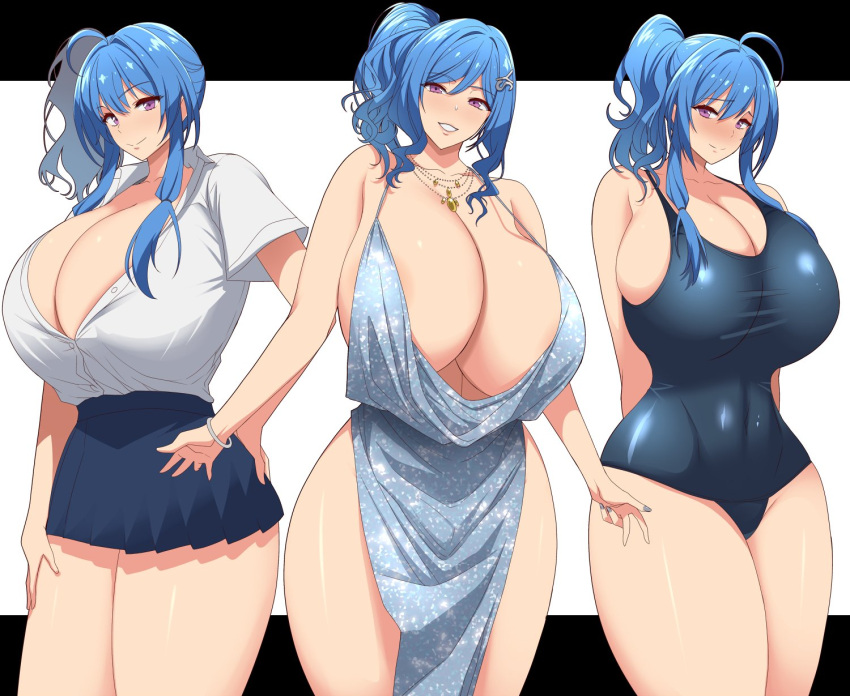 azur_lane big_breasts blue_eyes cleavage_dress dress female huge_breasts kloah open_shirt school_swimsuit skimpy_dress st._louis_(azur_lane) st._louis_(luxurious_wheels)_(azur_lane) thick_thighs wide_hips