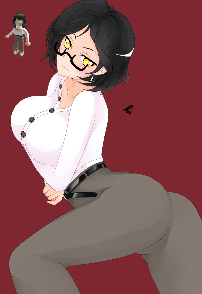 1girls aoitamon arm_under_breasts arms_under_breasts artist_signature ass belt big_breasts black_belt black_glasses black_hair blush breasts button_down_shirt buttons clothed clothed_female clothing earrings eyebrows_visible_through_hair female female_only glasses grey_legwear grey_pants legwear long_sleeves looking_at_viewer original_character pale-skinned_female pale_skin pants red_background roblox roblox_avatar short_hair simple_background sleeves smile solo solo_female thighs white_shirt white_sleeves yellow_eyes yuriel