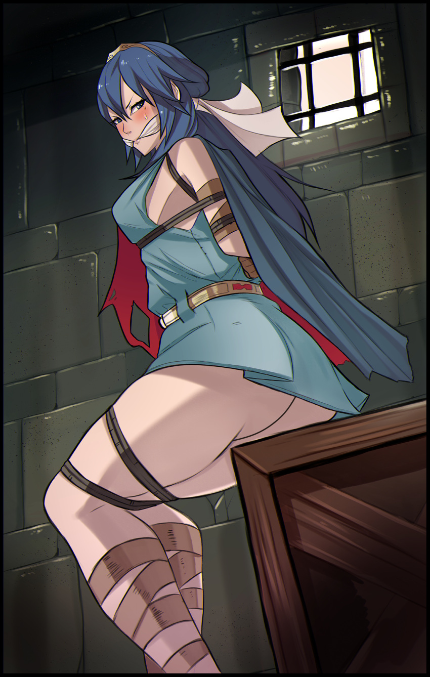 1girls arms_behind_back ass big_ass bondage bound captured edit falsealias female femsub fire_emblem fire_emblem_awakening gag improvised_gag looking_at_viewer looking_down lucina_(fire_emblem) nintendo no_bra no_panties nohittingstart prison restrained rope rope_bondage solo unrealityedits