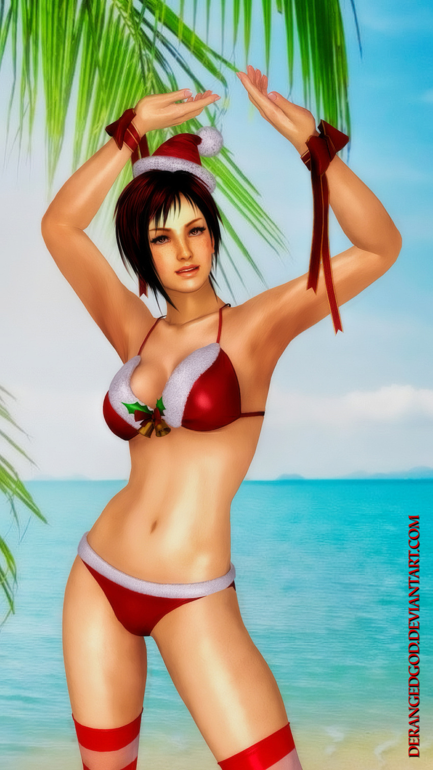 3d 3d_(artwork) arms_up beach belly_button bikini christmas clothed dead_or_alive dead_or_alive_5 derangedgod high_socks jingle_bell mila_(doa) oily palm_tree red_hair ribbons short_hair snow_hat socks sparkling_eyes standing winter_hat xnalara