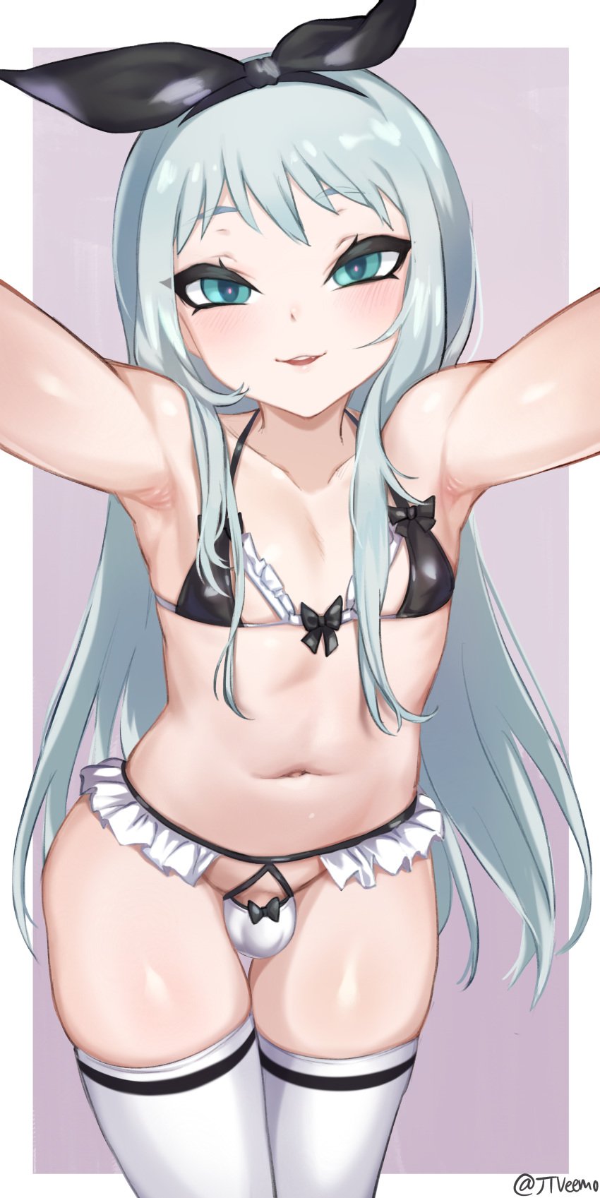 1boy absurd_res androgynous aqua_eyes areolae armpits arms_up artist_name balls_in_panties blend_s blush eye_contact eyelashes femboy feminine_male girly grey_hair hair_ribbon high_resolution jtveemo kanzaki_hideri lips long_hair looking_at_viewer male male_focus male_nipples male_only micro_bikini miniskirt nipple_bulge ribbon smile solo solo_male thick_thighs thighhighs thighs trap white_thighhighs wide_hips