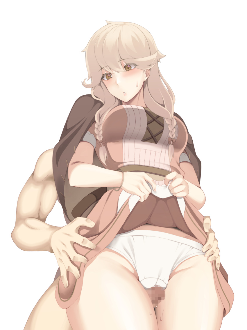 1boy 1girls big_breasts blush braids cameltoe censored clothed clothed_female_nude_male dress_lift faceless_male faye_(fire_emblem) female fire_emblem fire_emblem_echoes:_shadows_of_valentia fosamaguna fully_clothed looking_back male muscular_male nervous nintendo panties penis skirt_lift sweat sweatdrop taisai thigh_sex upskirt white_panties wide_hips