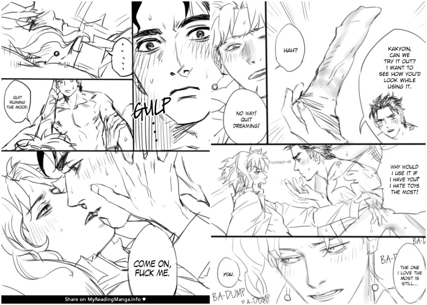 2boys anal annoyed bed blush comic dildo embarrassed emg_(christain) gay jojo's_bizarre_adventure jotaro_kujo kissing male/male male_only muscular muscular_male noriaki_kakyoin on_bed romantic romantic_couple sex_toy stardust_crusaders toned toned_male up_close yaoi