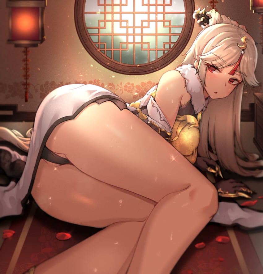 big_thighs blush clyde_s genshin_impact large_ass legs long_hair ningguang_(genshin_impact) red_eyes thick thick_ass thick_thighs thighs wet white_hair