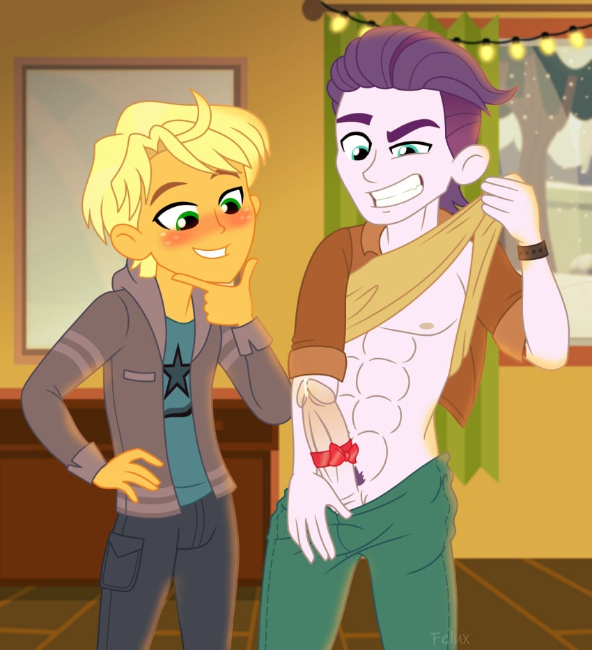 2boys abs aqua_eyes blonde_hair bow bulge christmas_present clothed dirk_thistleweed_(eg) equestria_girls erection exposed_nipple felux friendship_is_magic gay green_eyes hand_on_chin hand_on_hip looking_at_penis male/male male_only my_little_pony pants_down pecs precum_on_penis presenting_penis purple_hair ragamuffin_(eg) ribbon shirt_lift snow window wrapped_penis