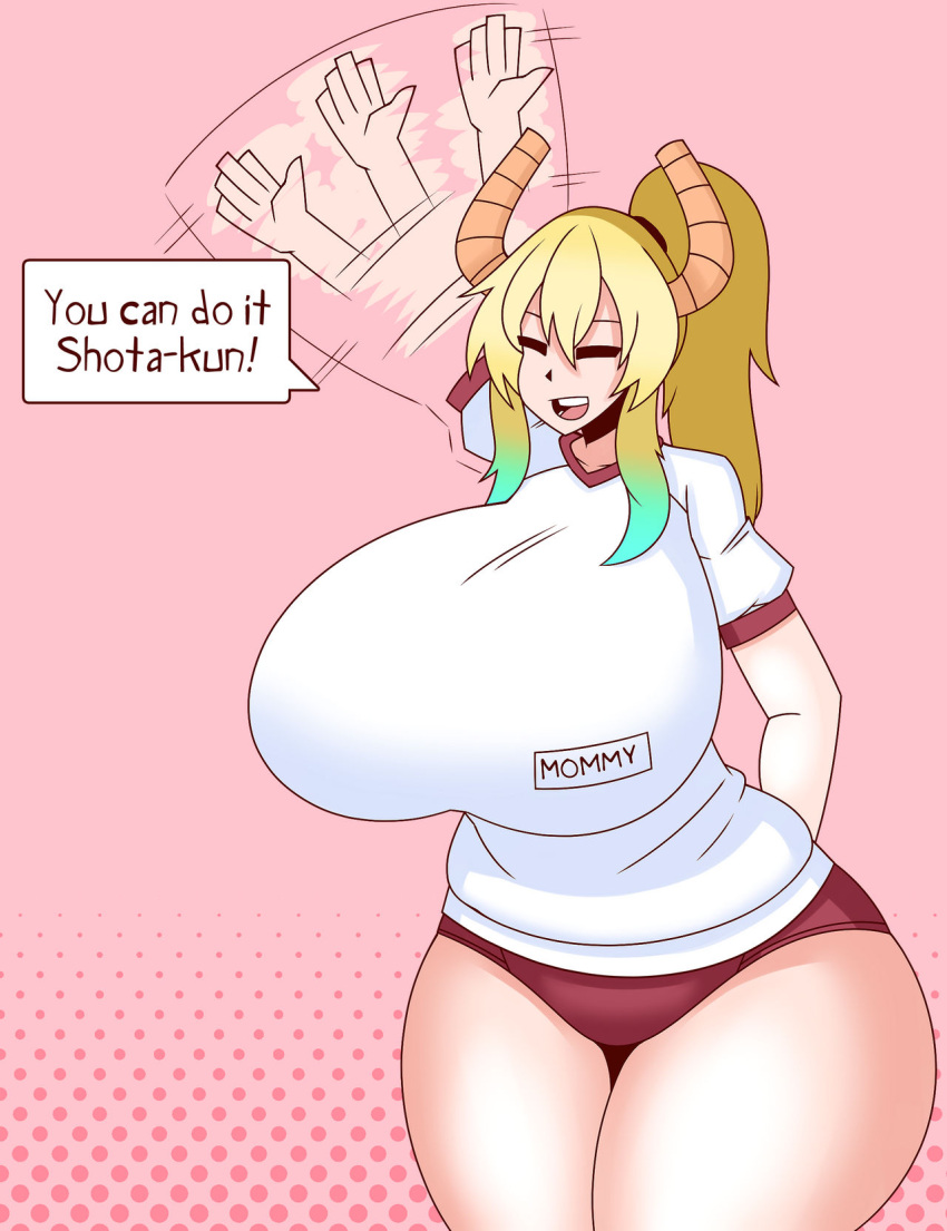 alternate_breast_size big_thighs bimbo blonde_hair breasts closed_eyes dragon dragon_horns duskyer horns hyper hyper_breasts lucoa miss_kobayashi's_dragon_maid narrow_shoulders quetzalcoatl_(dragon_maid) text thick thick_thighs thighs thin_arms voluptuous