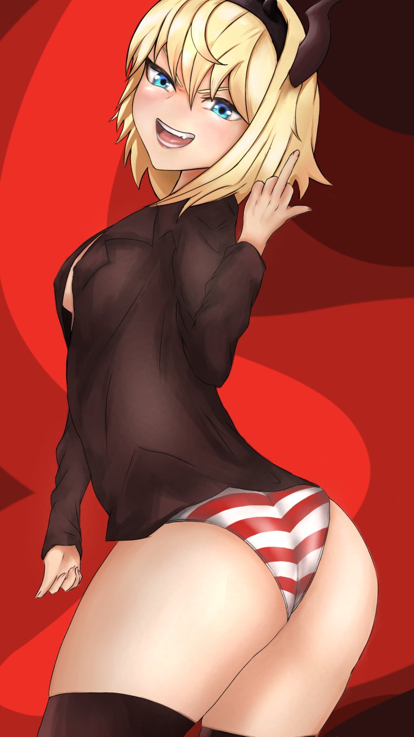 1girls artist_request ass batatacompepino big_ass blonde_hair blue_eyes demon_girl fang female female_focus female_only headband horn medium_breasts medium_hair middle_finger open_clothes open_shirt panties panty sadistic short_hair source_request striped_panties thighhighs virtual_youtuber wide_hips