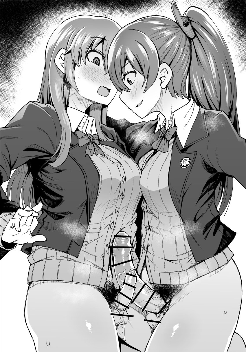 2futas absurd_res balls ballsack bar_censor blush bottomless breasts censored clothed clothing erection female_pubic_hair foreskin frottage futa_only futa_with_futa futanari greyscale highres human intact kaauchi kantai_collection kumano_(kantai_collection) long_foreskin long_hair moderate_pubic_hair monochrome multiple_girls multiple_penises partially_clothed partially_retracted_foreskin penis penis_size_comparison penis_size_difference penises_touching ponytail pubic_hair pussy_juice small_penis small_penis_humiliation smooth_penis suzuya_(kantai_collection) testicles uncircumcised uncut unretracted_foreskin veiny_penis white_background wide_eyed