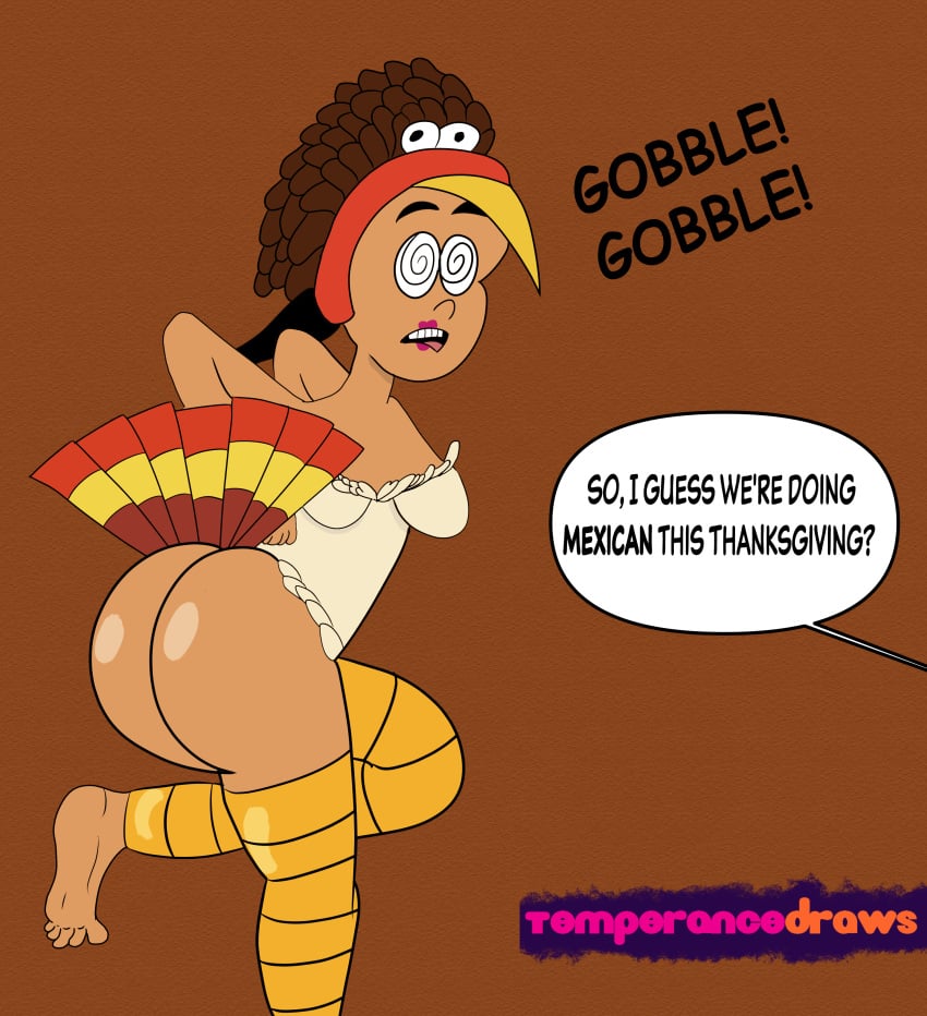 1girls ass ass_focus black_hair carlota_casagrande chicken_pose cosplay costume dark-skinned_female dark_skin female female_focus holidays humor hypnosis latina mind_control nickelodeon open_mouth solo solo_female solo_focus temperancedraws text text_bubble thanksgiving the_casagrandes the_loud_house turkey