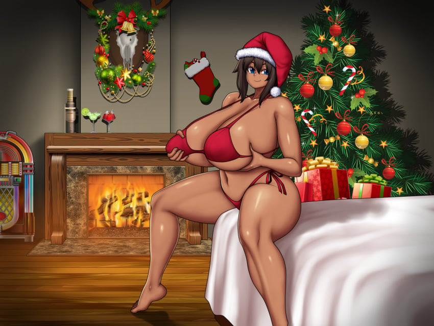 1girls bed blue_eyes breasts brown_hair christmas_girl christmas_tree dark-skinned_female dark_skin female female_only fire_place huge_breasts lactation milk milking mk001black nipples original original_character red_bikini reese_(mk001black) santa_hat self_milking solo thick thick_thighs