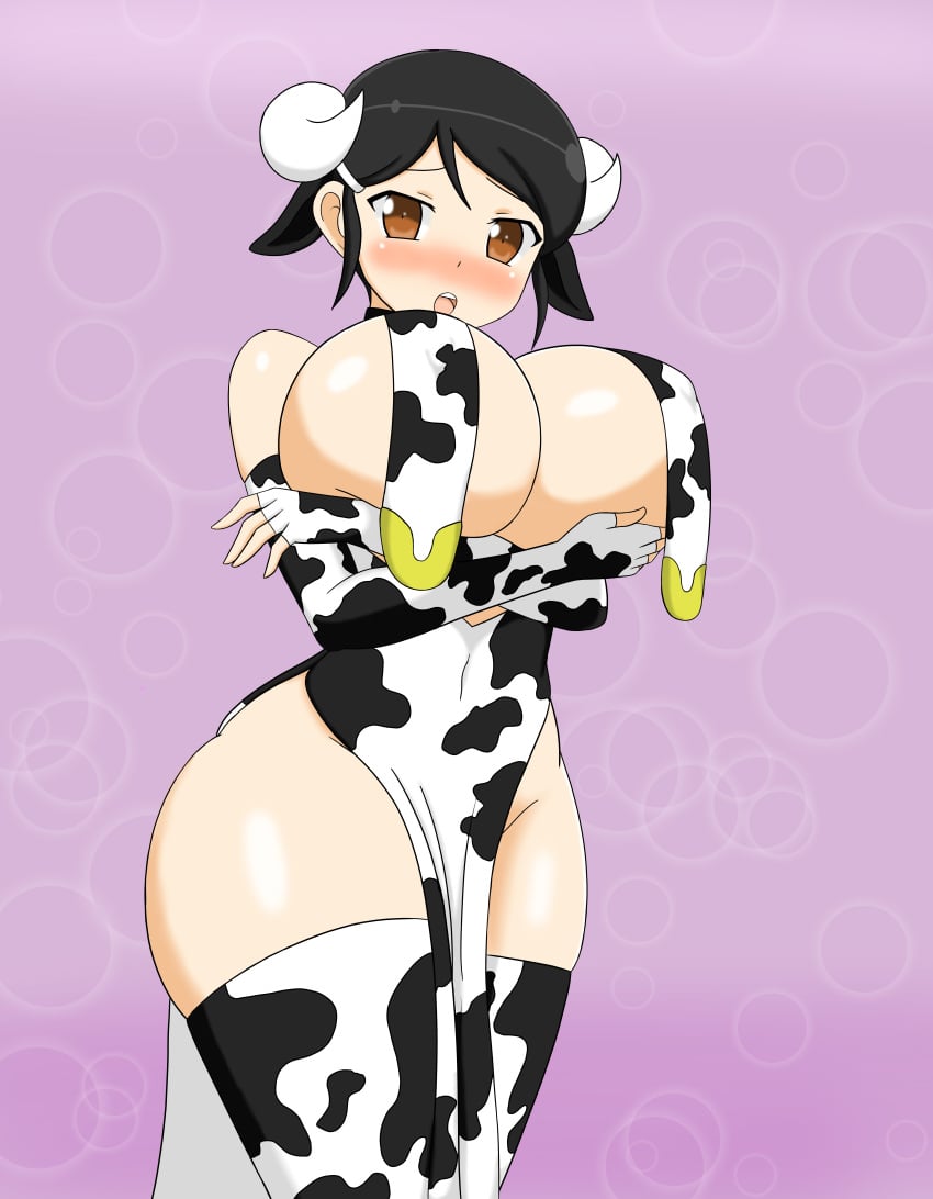 big_breasts black_hair cheongsam cow_ears cow_girl cow_print cowgirl meimei_(senran_kagura) red_eyes senran_kagura senran_kagura_(series) senran_kagura_new_wave soulkibble thighhighs