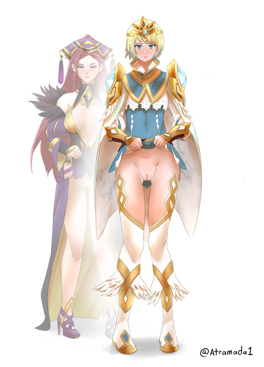 2girls atramada1 bare_thighs blonde_hair blue_eyes blush commission confident dress_lift exposed_pussy female_only fire_emblem fire_emblem_heroes fjorm_(fire_emblem) flashing inner_thighs lifted_by_self loki_(fire_emblem) looking_at_viewer nintendo presenting presenting_pussy pussy shaved_pussy short_hair skirt_lift smile solo_focus