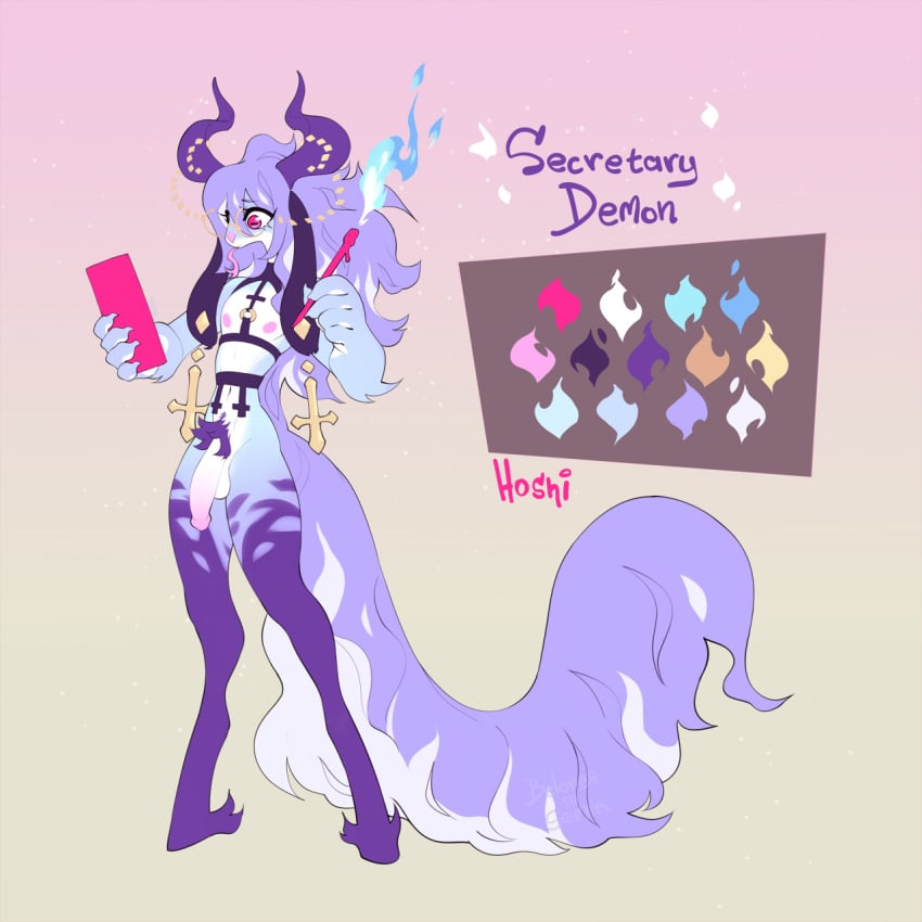 1boy 2020 androgynous artist_name artist_signature balls character_sheet demon earrings femboy glasses horn long_tail long_tongue male male_only nedoiko nipples penis pink_eyes purple_hair purple_skin reference_sheet tail testicles tongue tongue_out