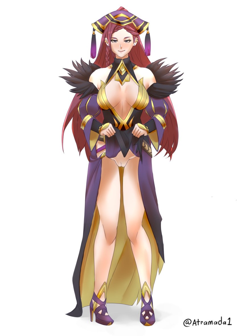 1girls atramada1 bare_legs bare_shoulders big_breasts blush commission confident dress_lift earrings eyeshadow fire_emblem fire_emblem_heroes flashing high_heels loki_(fire_emblem) long_hair looking_at_viewer makeup nintendo purple_eyes pussy sideboob smile solo solo_female violet_hair white_background