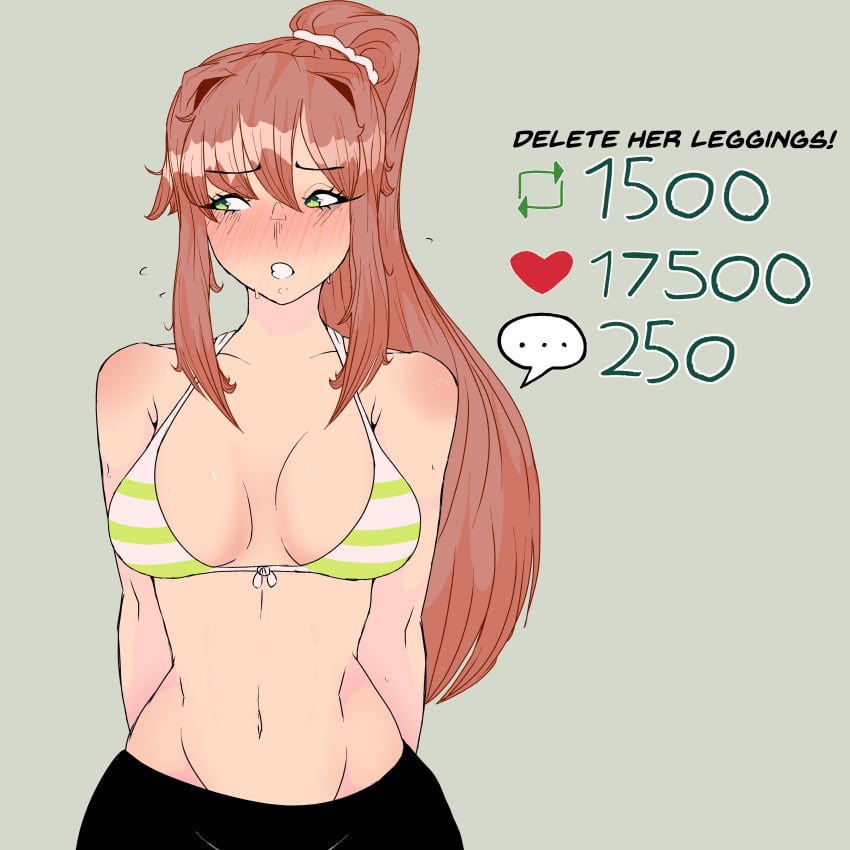 breasts comment_icon doki_doki_literature_club english_text female gray_background green_eyes grey_background gunkygloop heart_icon iciasone leggings long_hair monika_(doki_doki_literature_club) navel number numbers retweet_icon strip_game text