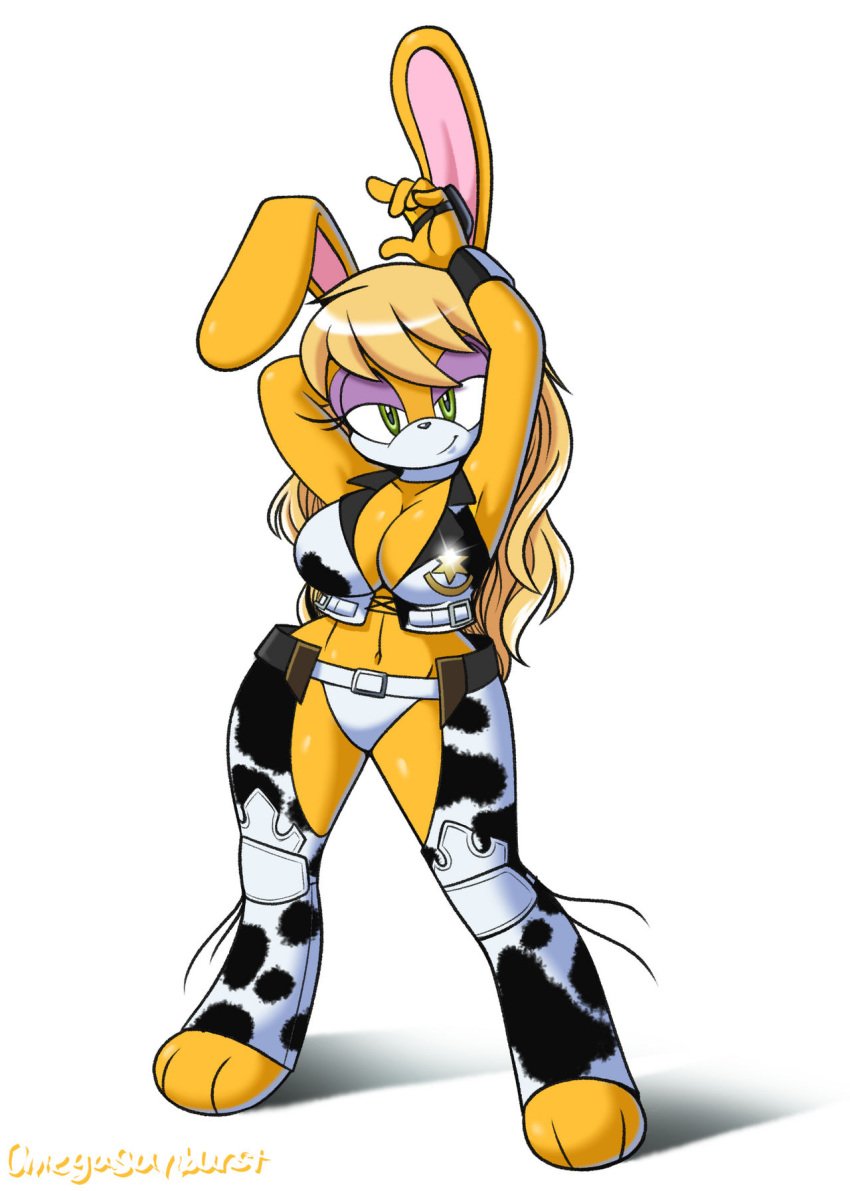 blonde_hair breasts bunnie_rabbot cleavage cowgirl feet green_eyes hourglass_figure omegasunburst purple_eyeshadow rabbit rabbit_ears rabbit_humanoid revealing_clothes sonic_(series) sonic_the_hedgehog_(series) tagme white_muzzle yellow_fur