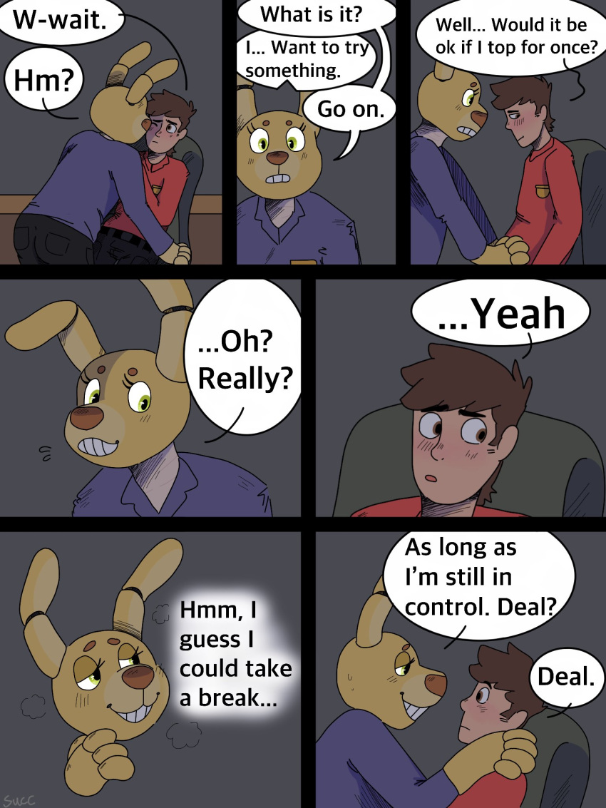 blush brown_eyes comic five_nights_at_freddy's fnaf gay green_eyes hands_on_lap looking_away male_only sitting_on_chair speech_bubble spring_bonnie spring_bonnie_(fnaf) suckmycoccyx text text_bubble william_afton