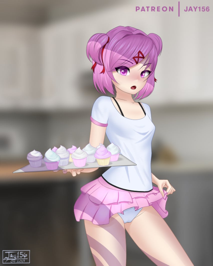 1girls alternate_version_available black_bra_straps blush bra_strap cupcake doki_doki_literature_club eyebrows_visible_through_hair female_only flashing food hair_ribbon hourglass_figure jay156 looking_at_viewer natsuki_(doki_doki_literature_club) open_mouth panties petite pink_eyes pink_hair pink_skirt short_hair short_skirt skirt skirt_lift small_breasts small_waist solo solo_female thighs tied_hair watermark white_panties