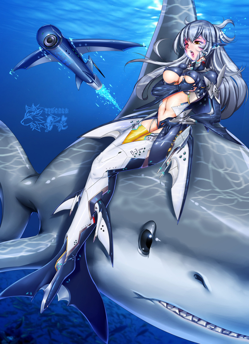 1girls 2:3 arm_fins belly belly_button blue_background bodysuit breast_grab breast_squeeze breasts bzs_(kage_no_shinobu) diving_suit female female_focus fish_tail grope groping hi_res high_resolution jpeg kage_no_shinobu legs_tied legs_together long_hair masturbation mecha mechanical mechanical_tail mermaid mermaid_suit mermaid_tail monster_girl navel nipples_visible_through_clothing one_eye_closed open_mouth original original_character saliva saliva_on_tongue saliva_string shark silver_hair tail_fin teeth tongue tongue_out topwear underwater upper_teeth vaginal_masturbation watermark yellow_eyes