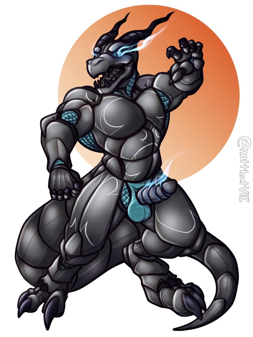 3:4 absurd_res anthro armor balls genitals glowing glowing_eyes hi_res horn lizard male metal metal_teeth metallic_body muscular muscular_anthro muscular_male penis rangstrom reptile ribbed_penis scalie solo v-i-e warforged