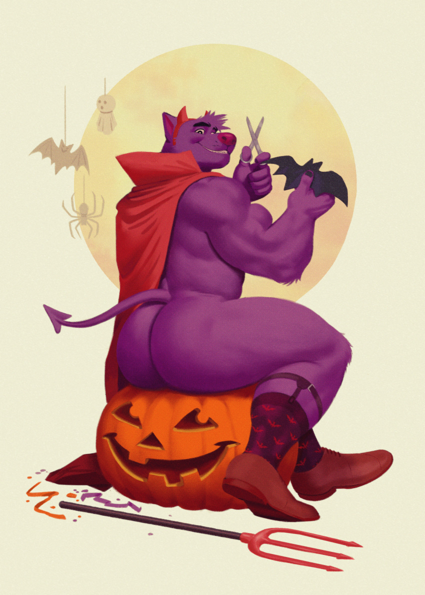 absurd_res anthro ass big_butt canid canine canis cape clothing dirtyyeen fake_horns food footwear fruit fur furry_only garter_belt garter_belt_socks garter_straps halloween halloween_costume halloween_decoration hi_res holidays jack-o'-lantern male mammal muscular muscular_anthro muscular_male pitchfork plant pumpkin purple_body purple_fur red_clothing scissors shoegaze. shoes sitting smile socks solo thick_thighs tools wolf