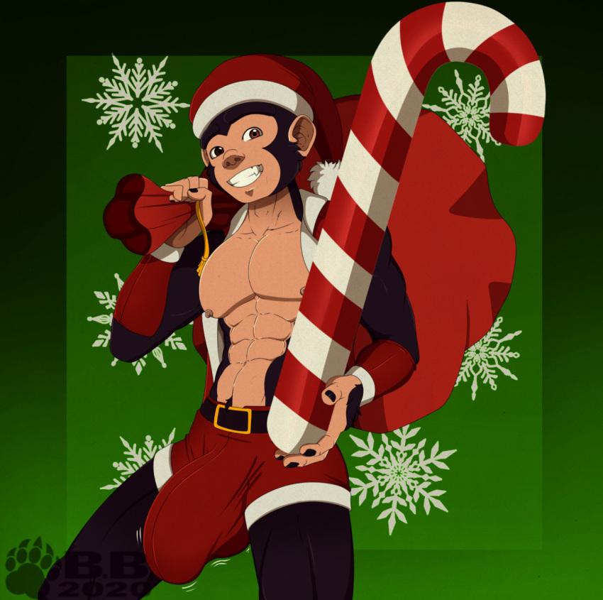 anthro blackbear bulge candy candy_cane christmas christmas_clothing christmas_headwear clothing clyde_(blackbear) dessert food furry_only haplorhine hat headgear headwear hi_res holidays male male_only mammal monkey primate sack santa_hat solo