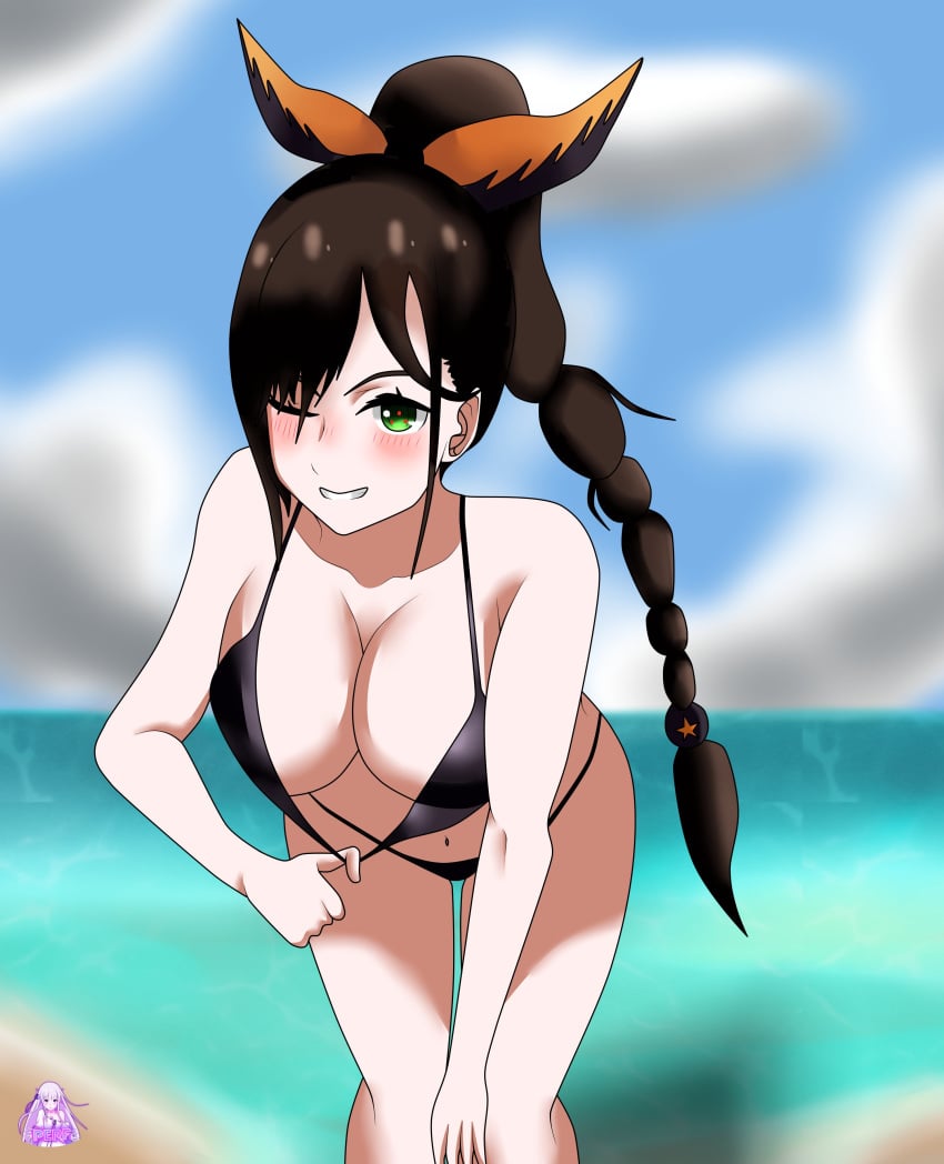 beach bikini bikini_bottom bikini_top bikini_tug black_bikini black_swimsuit blush braid breasts brown_hair cleavage female female female_only green_eyes high_resolution large_breasts long_hair one_eye_closed perfbh re:zero_kara_hajimeru_isekai_seikatsu seductive shaula_(re:zero) single_braid smile solo swimsuit symbol-shaped_pupils tied_hair very_high_resolution