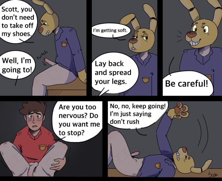 comic erection five_nights_at_freddy's fnaf gay laying_down male_only scott_fnaf sitting_on_bench speech_bubble spread_legs spreading spreading_legs spring_bonnie spring_bonnie_(fnaf) suckmycoccyx text text_bubble william_afton