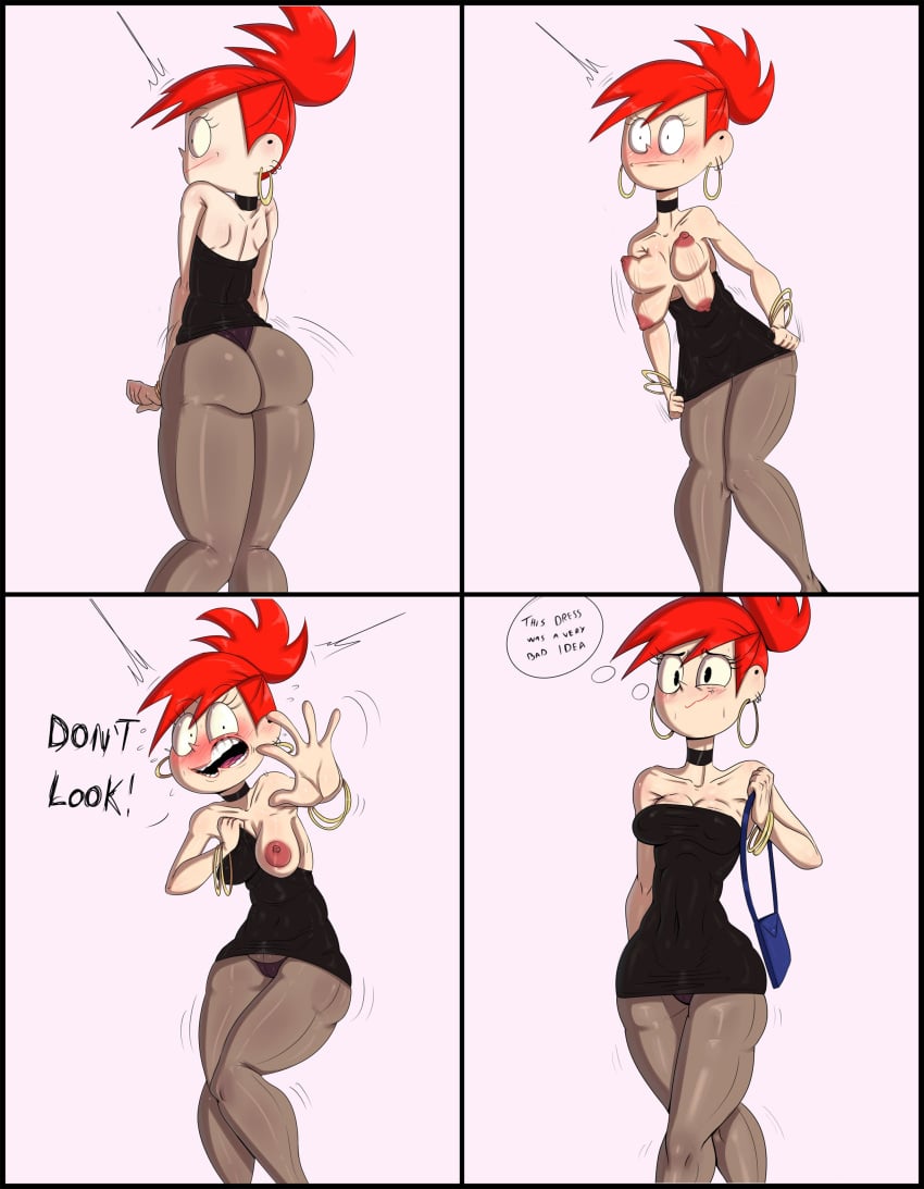 ass breasts busty cartoon_network comic dress_tug embarrassed female female_focus foster's_home_for_imaginary_friends frankie_foster hourglass_figure medium_breasts minidress no_bra pantyshot pantyshot_(standing) pussy red_hair slutty_outfit tagme tayuri vagina wardrobe_malfunction wide_hips