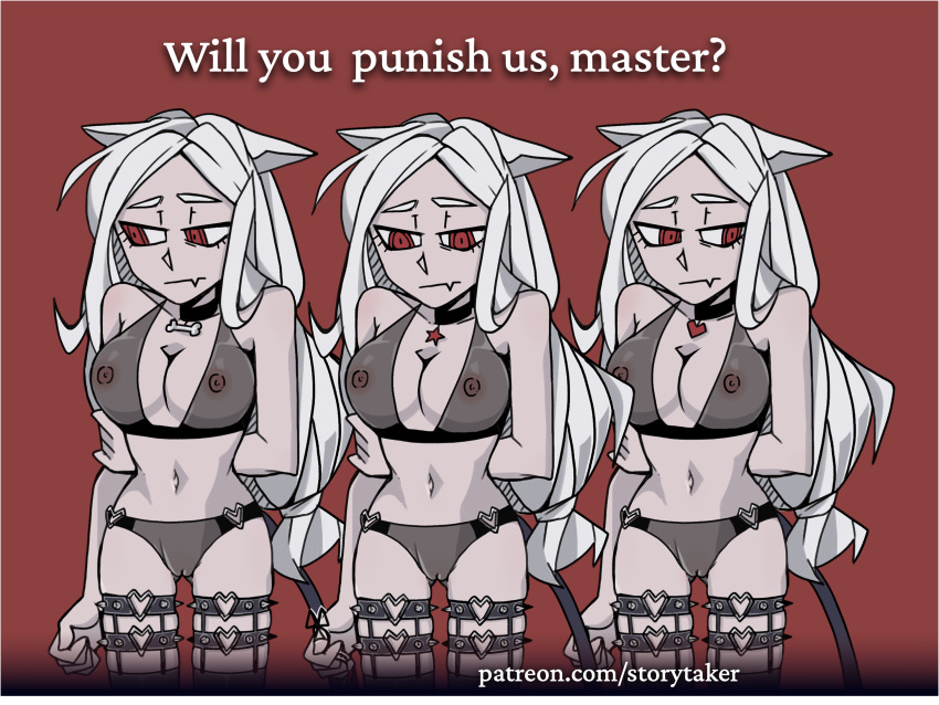 3girls ? bra cerberus cerberus_(helltaker) dubious_consent helltaker looking_down master_kink multiple_girls nervous panties sad sex_slave slave sneaky storytaker transparent_clothing