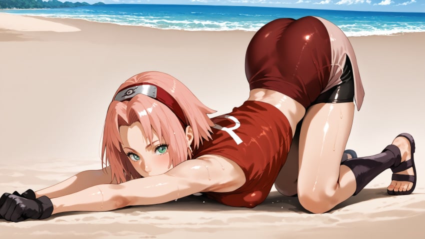 1girls ai_generated arched_back armpit armpits back back_arch black_shorts breasts cat_pose covered_nipples elbows female female_only gloves green_eyes human krispykenny kunoichi naruto naruto_(classic) naruto_(series) naruto_shippuden ninja nipple_bulge pink_hair pose posing pressing_breasts sakura_haruno sandals shorts shoulders sleeveless sleeveless_shirt solo transparent transparent_clothing wet