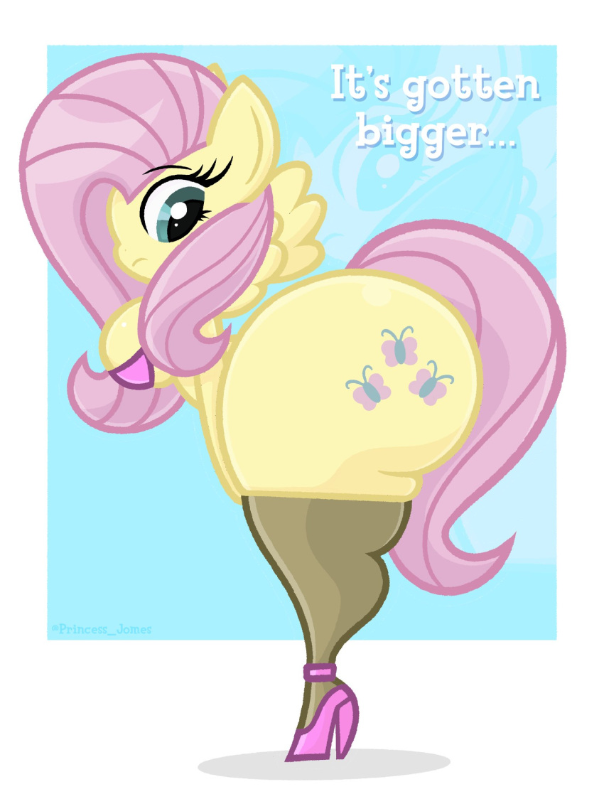 1girls 2024 big_ass breasts dialogue fluttershy_(mlp) friendship_is_magic high_heels my_little_pony pink_hair princess_jomes side_view simple_background skindentation stockings yellow_body