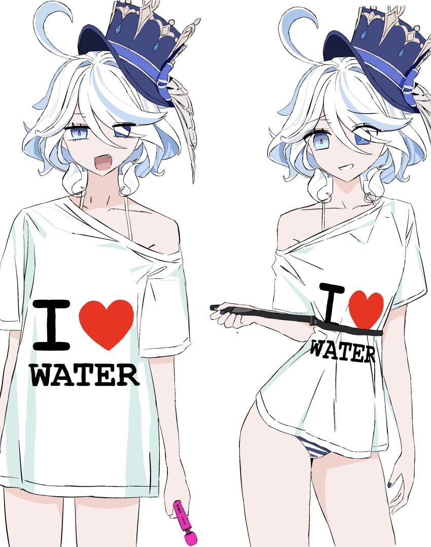 adorable blue_eyes brat cute cute_face cute_fang furina_(genshin_impact) genshin_impact heterochromia shirt shirt_pull smug smug_face vibrator white_hair