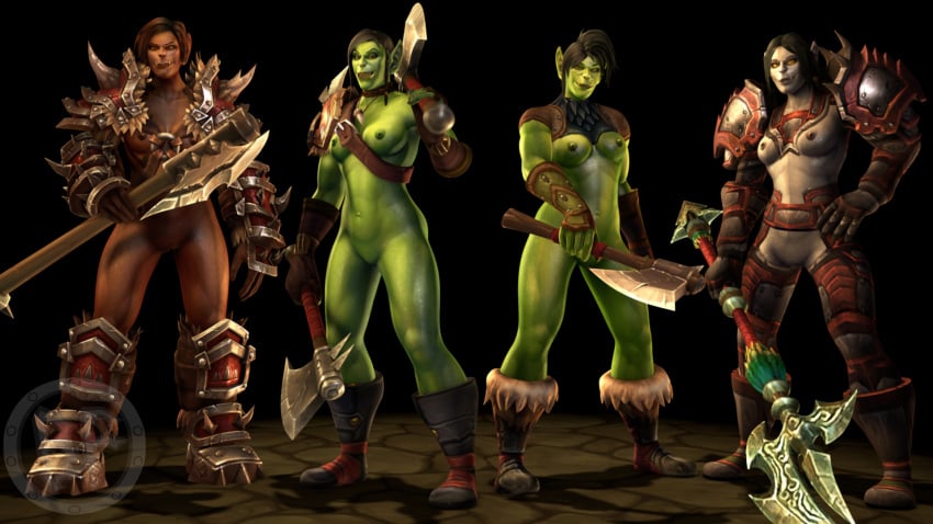 3d 3d_(artwork) artist_logo axe black_hair breasts brother_fuzzman brown_hair brown_skin dark-skinned_female dark_skin female female_orc green_skin grey_skin halberd long_hair nipples orc orc_(warcraft) orc_female partially_clothed partially_nude short_hair tusks warcraft weapons world_of_warcraft