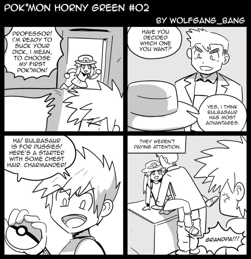 anime anime_style blue_(pokemon) comic dilf green_(pokemon) hentai humor leaf_(pokemon) manga pokeharlot pokemon professor_oak wolfgang_bang wolfrad_senpai