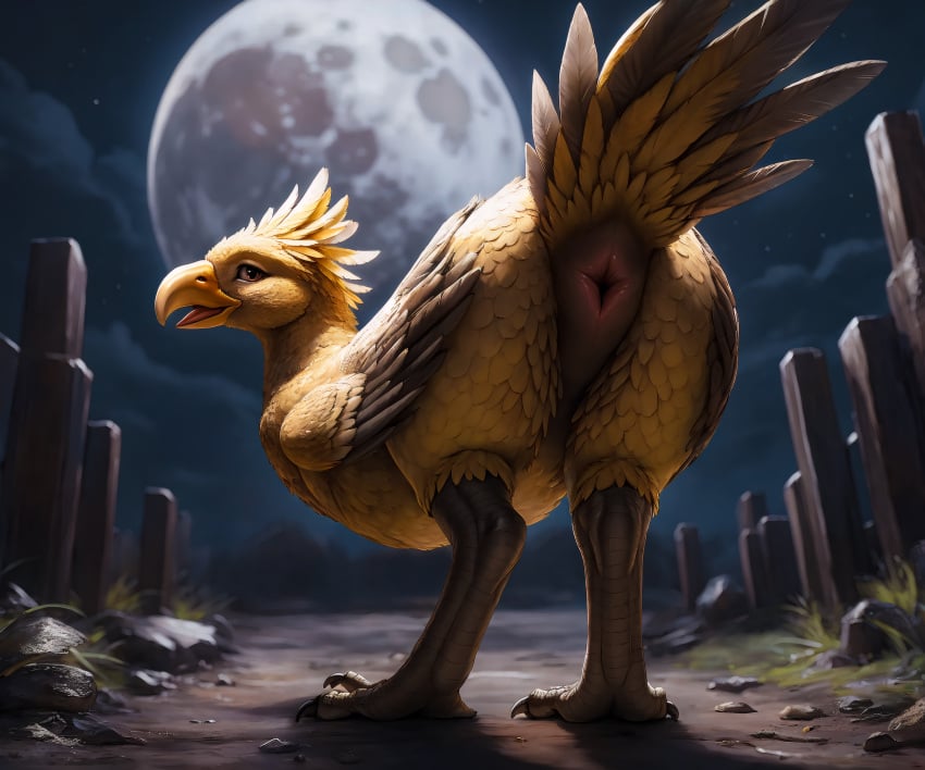 absurd_res ai_generated animal_genitalia ass avian beak biped bird birdlover chocobo cloaca feathered_crest feathers female feral final_fantasy genitals head_crest hi_res looking_at_viewer looking_back moon night open_beak open_mouth presenting presenting_hindquarters scuted_feet scuted_legs scutes solo standing tail_feathers talons yellow_body yellow_feathers