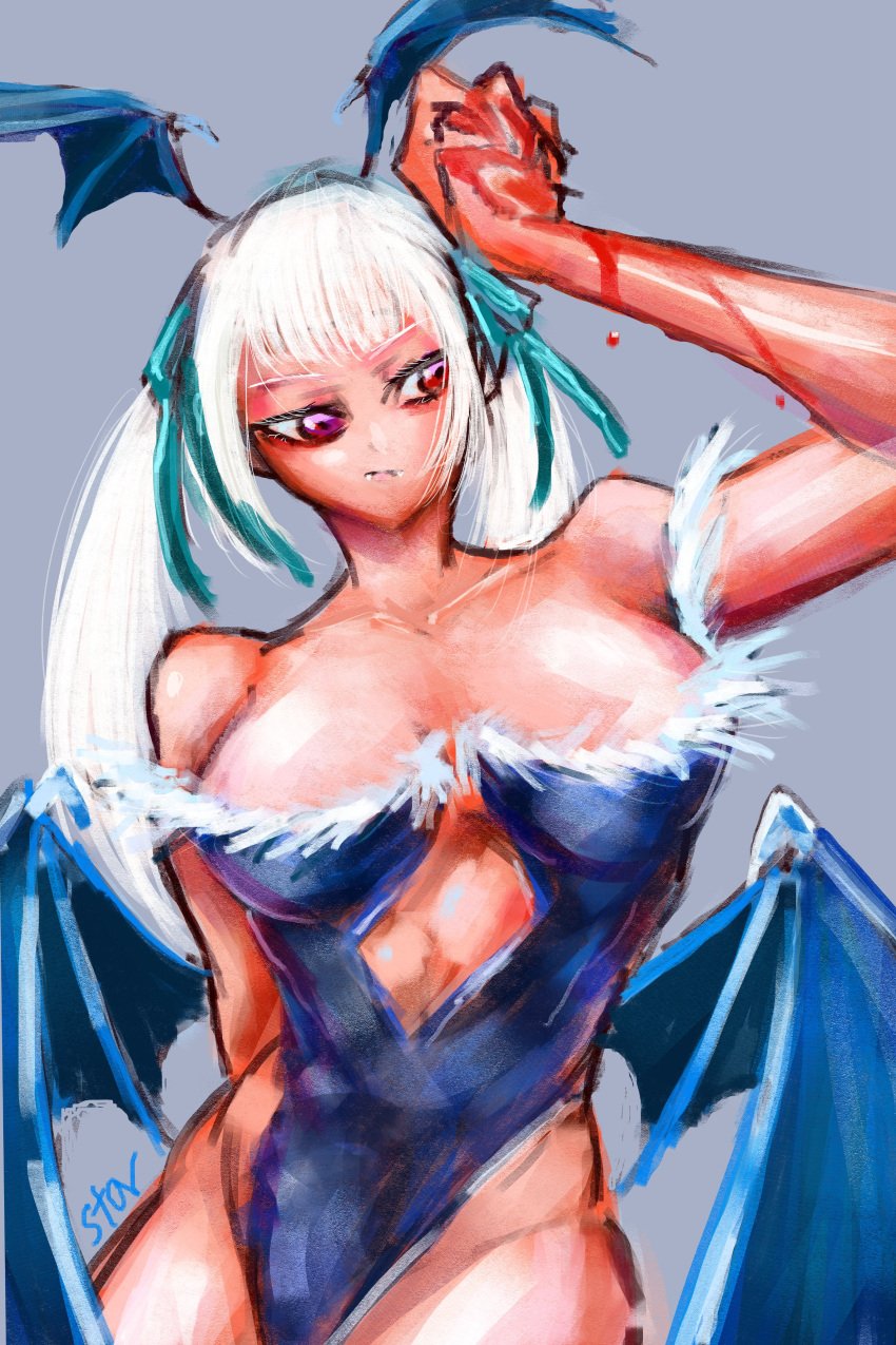 1girls bc_stars big_breasts black_clover blood breasts clothed clothed_female cosplay darkstalkers female female_only head_wings highres hourglass_figure huge_breasts large_breasts leotard light-skinned_female light_skin looking_away looking_away_from_viewer morrigan_aensland_(cosplay) noelle_silva vampire white_hair wide_hips wings