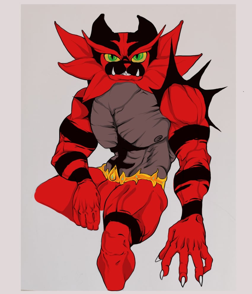 anthro digital_media_(artwork) fur generation_7_pokemon genitals hair hi_res humanoid incineroar male male_only mammal muscular muscular_anthro nintendo nipples nude penis pokemon pokemon_(species) simple_background solo teeth unfunny_kitty