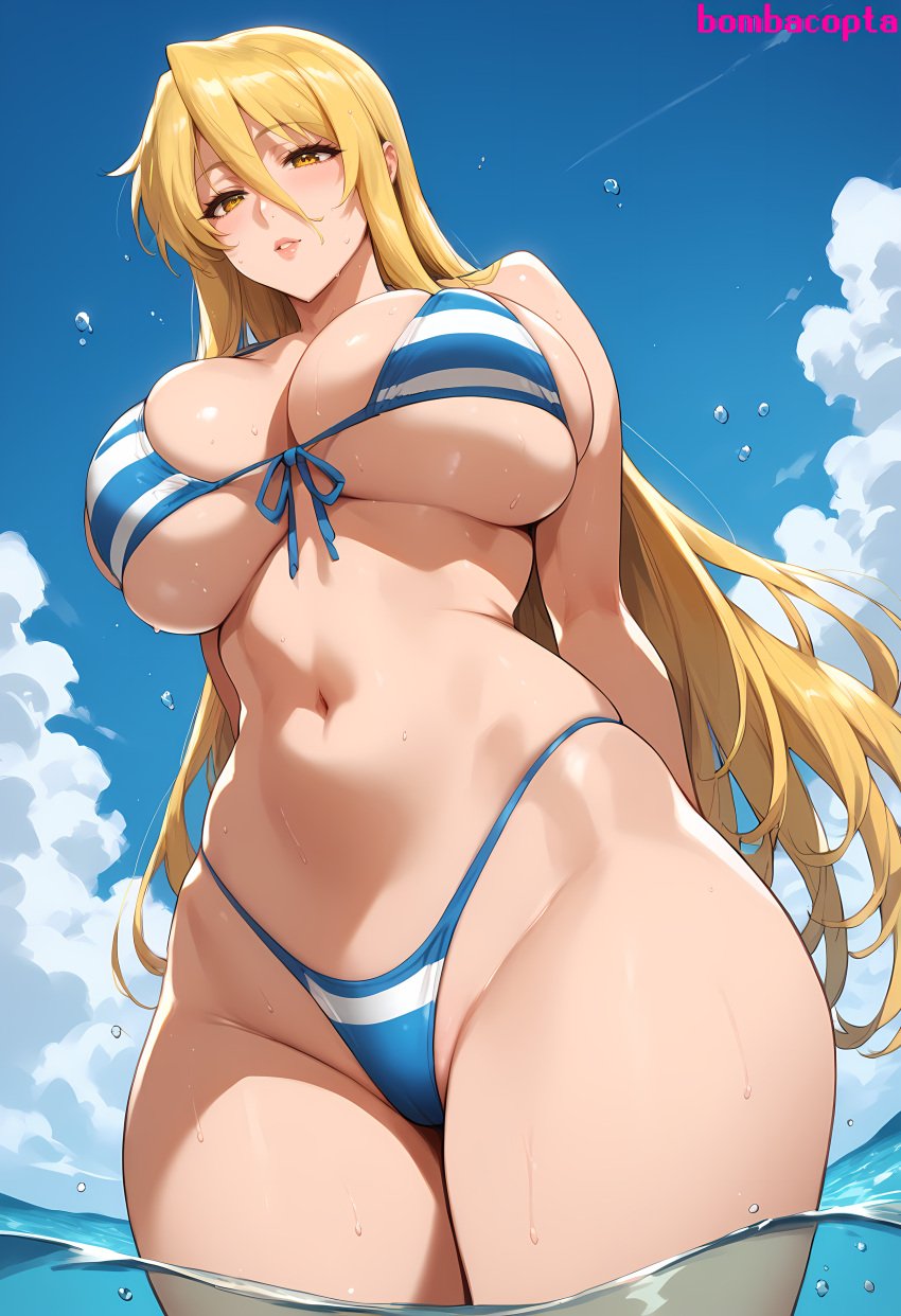 1girls ai_generated amber_eyes arms_behind_back bikini bikini_bottom bikini_top blonde_hair blue_bikini bombacopta breasts breasts_bigger_than_head cameltoe eyebrows eyelashes female female_focus female_only hair_between_eyes highres highschool_of_the_dead huge_breasts large_breasts long_hair mature_female midriff navel seductive shizuka_marikawa simple_background sky slim_waist solo standing striped_bikini sweat thick_thighs voluptuous waist water wet