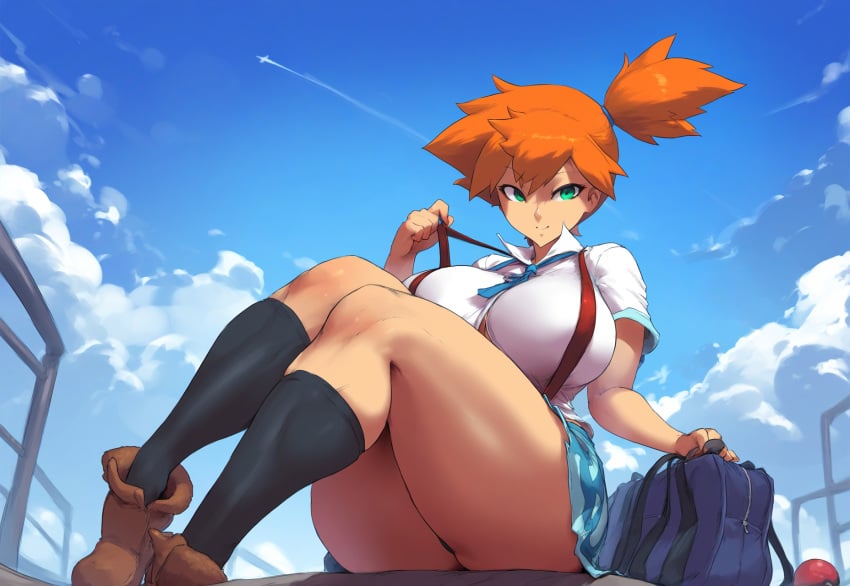 ai_generated bag female huge_breasts kasumi_(pokemon) mullon novelai panties plane pokemon school school_uniform schoolgirl solo thick_thighs