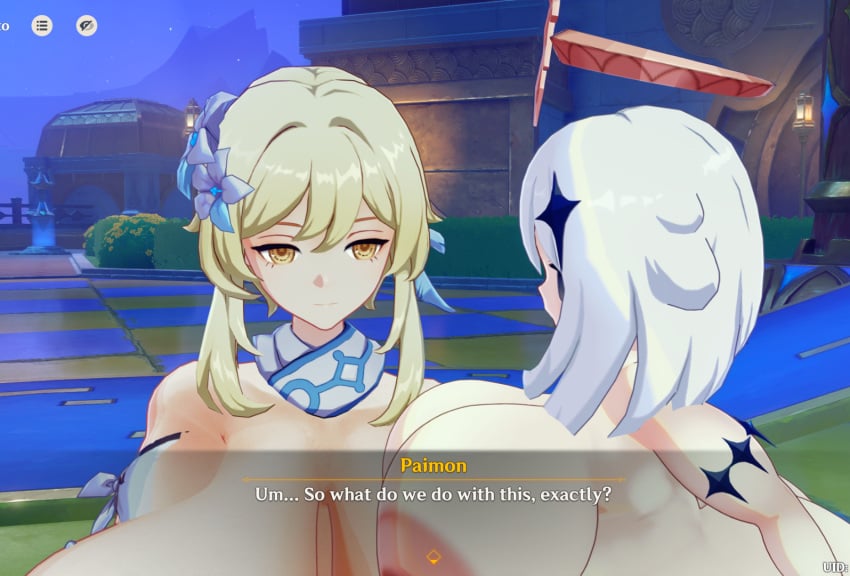 1futa 1girls 3d bbw big_ass big_breasts breasts_bigger_than_head dialogue dotolie3d female futanari genshin_impact gigantic_breasts huge_ass huge_breasts lumine_(genshin_impact) mod paimon_(genshin_impact) screencap screenshot shortstack suggestive suggestive_look thick_thighs