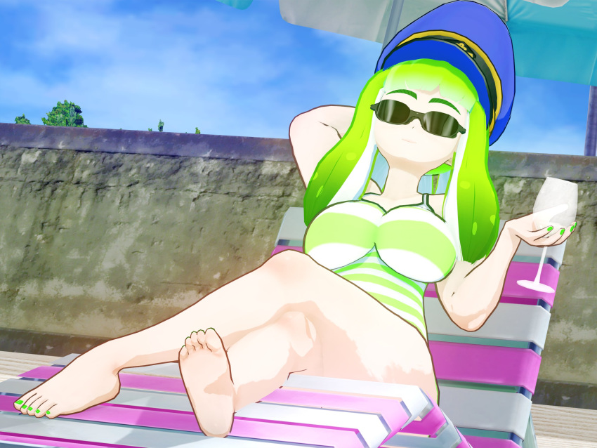 1girls 3d 9191k agent_3_(splatoon) barefoot beach captain_(splatoon_3) female green_hair inkling inkling_girl koikatsu lounging nintendo pointy_ears solo splatoon splatoon_(series) sunglasses swimsuit tagme tinted_eyewear umbrella