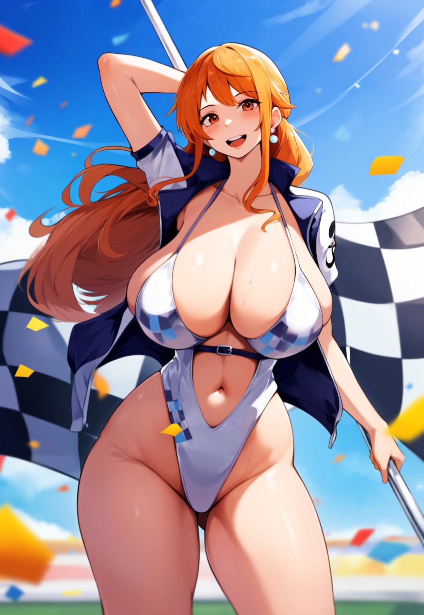 ai_due ai_generated breasts brown_eyes checkered_flag cleavage female female_focus female_only huge_breasts large_breasts nami nami_(one_piece) one_piece orange_hair post-timeskip solo thick_thighs thighs