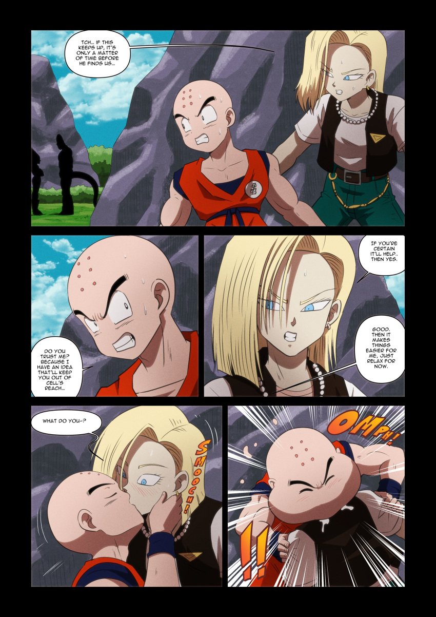 !! 1boy1girl 1girls 3boys android android_18 background_character background_characters bald blonde_hair blue_eyes blush blush_lines cell_(dragon_ball) dragon_ball dragon_ball_z female female_prey fully_clothed head_first head_first_vore hiding human human_male kissing krillin kuririn male male_pred oral_vore same_size_vore shounen_jump sudden_kiss surprised surprised_prey sweat sweating text text_bubble varu vegeta vore wtf